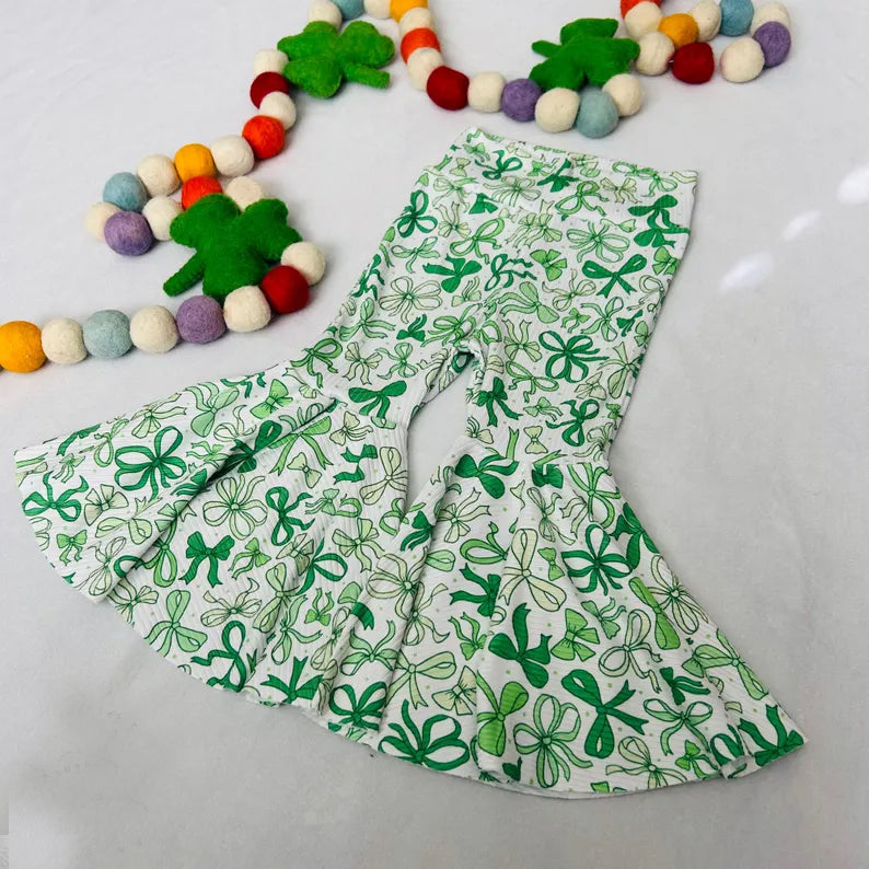 MOQ 8 TAT 6-8 weeks green bow coquette baby girl bell bottom pants
