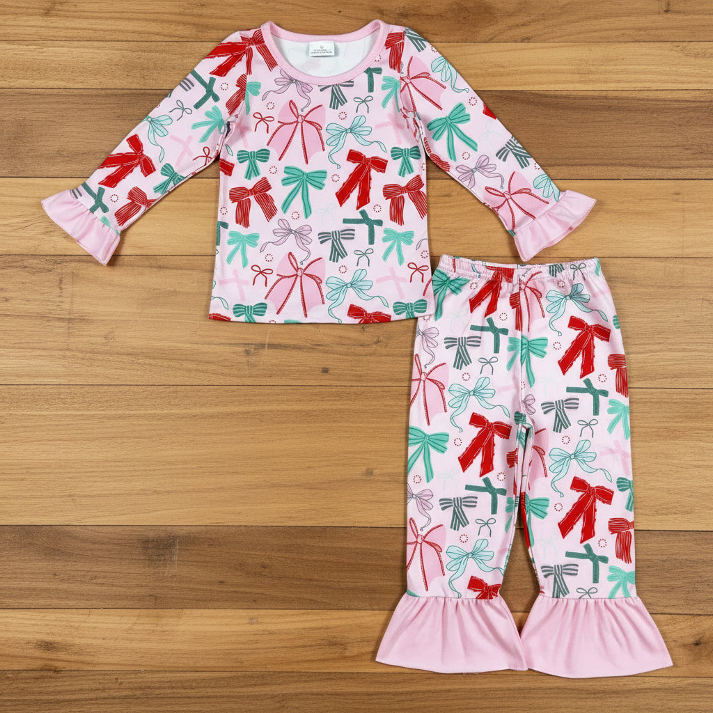 green red bow coquette girl Christmas pajama lounge set