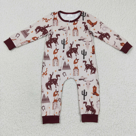 western rodeo brown baby boy zipper romper