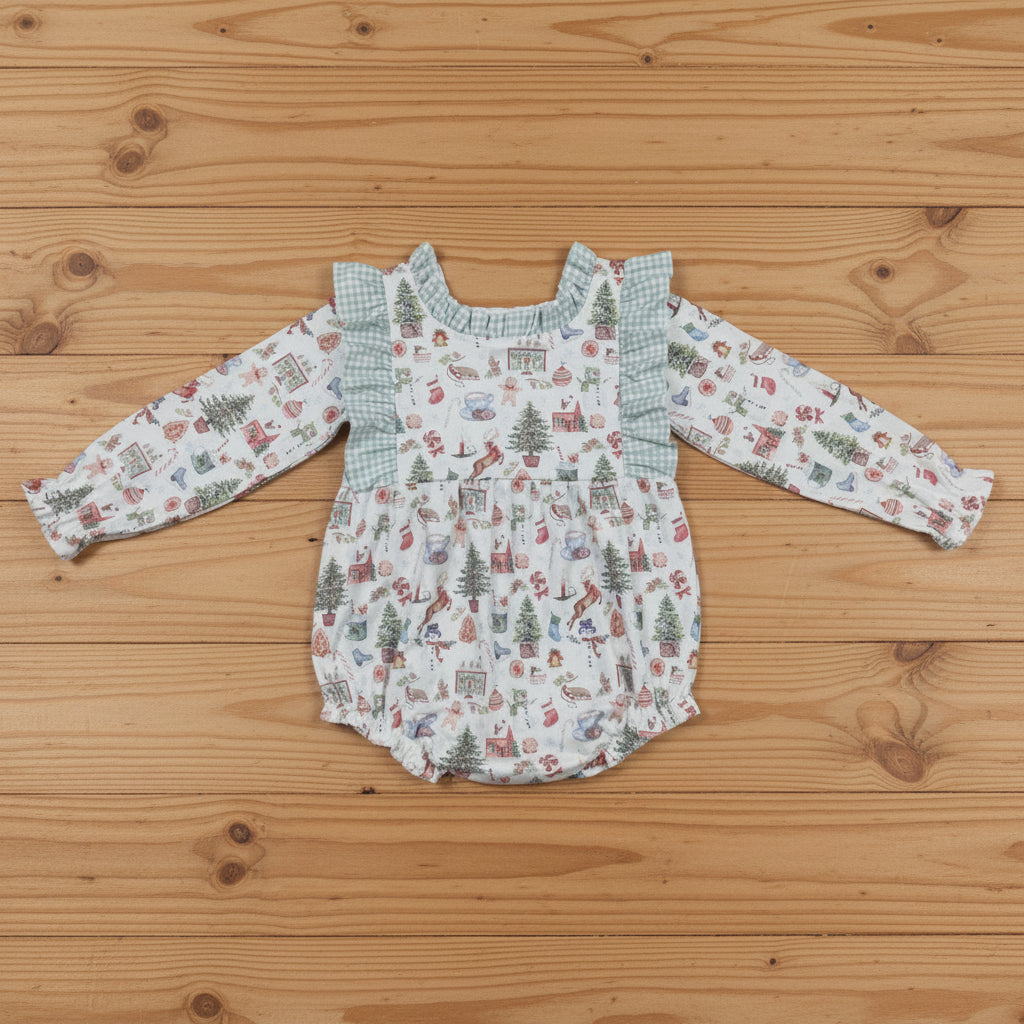 plaid ruffle christmas embroidery romper