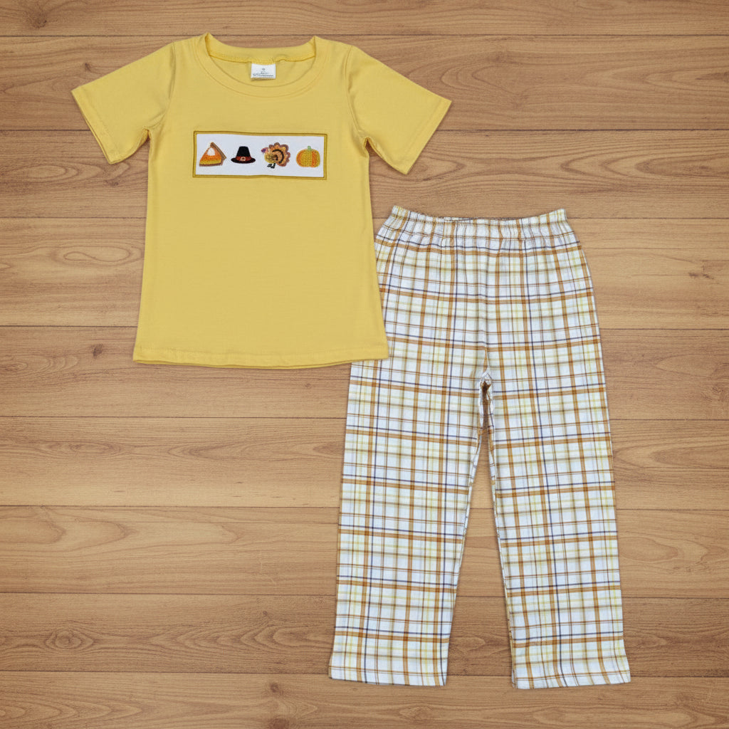 Embroidery pumpkin pie turkey top plaid pants boys Thanksgiving clothes