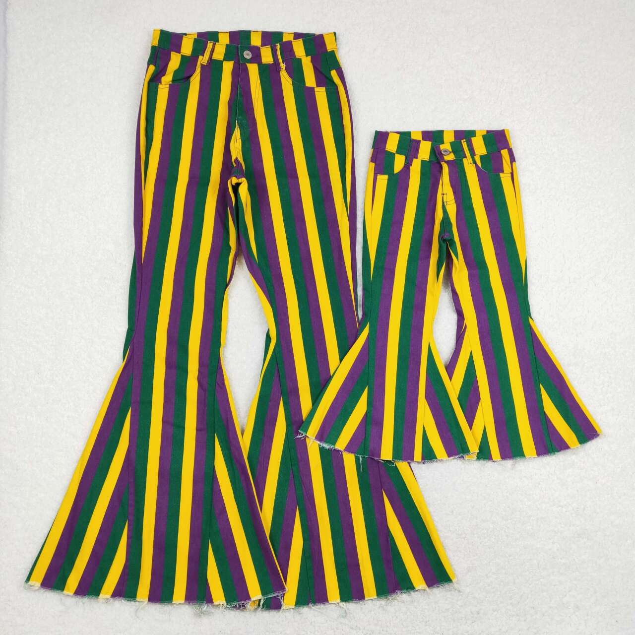 woman mardi gras clothing, green purple yellow stripe denim pants,adult jeans,flare bottom