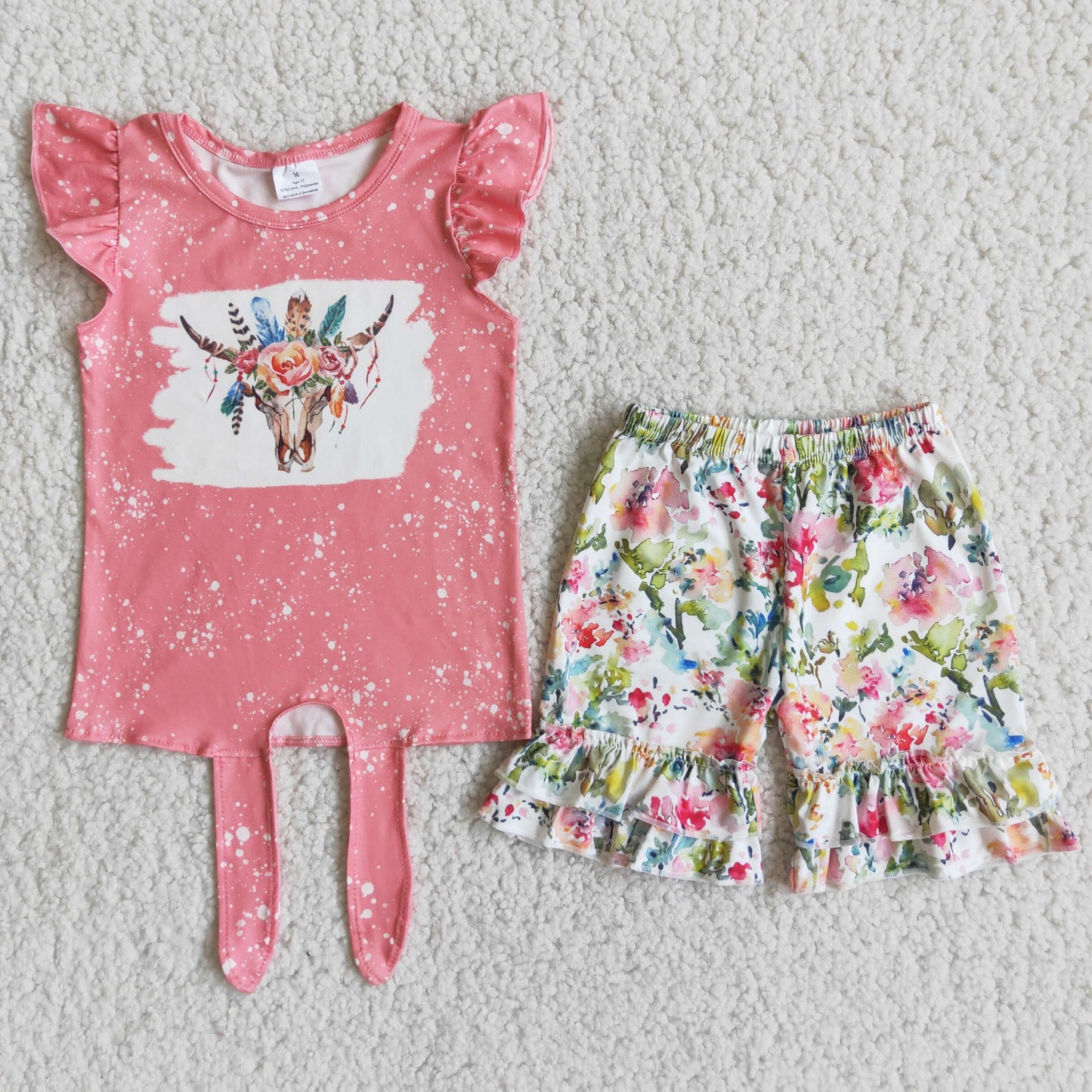 pink cow skull print floral shorts set