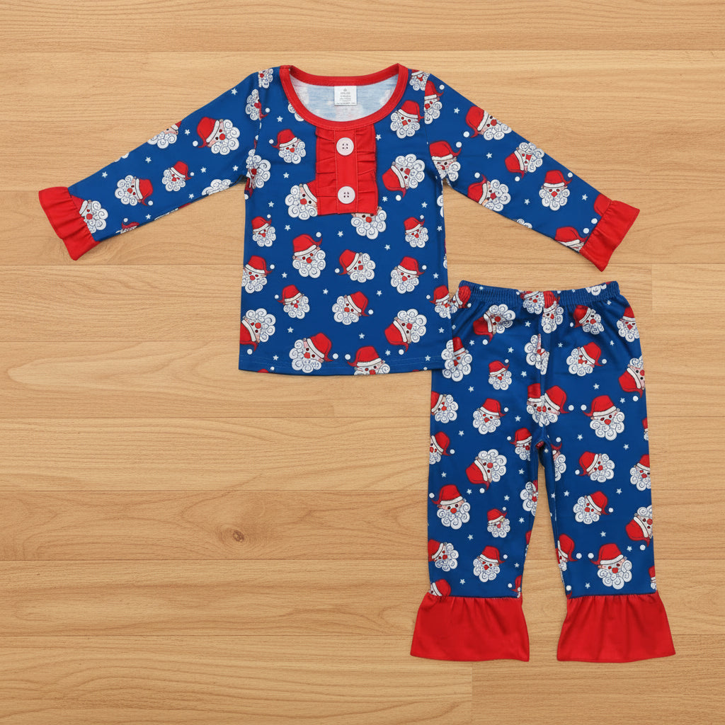 baby girl ruffle blue santa print Christmas bamboo pajama set