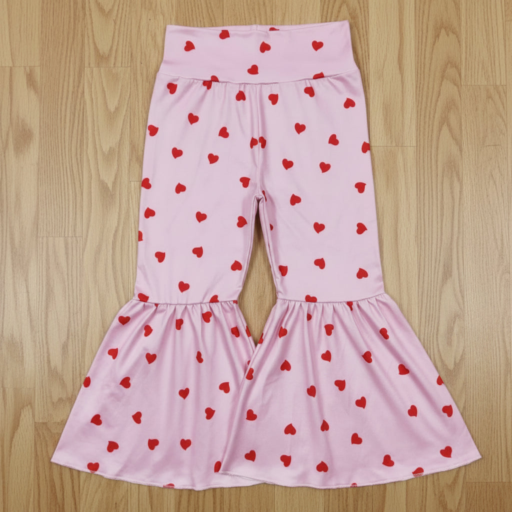 girl valentine pink heart print bell bottom flare pants