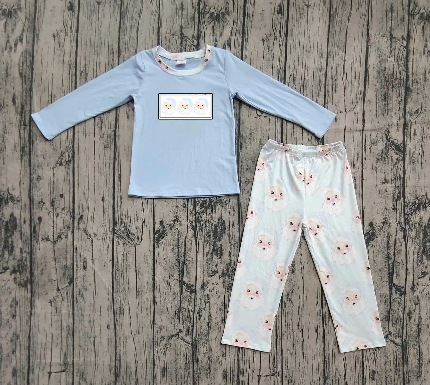 pre order blue santa print boy pants set (will do embroidery)