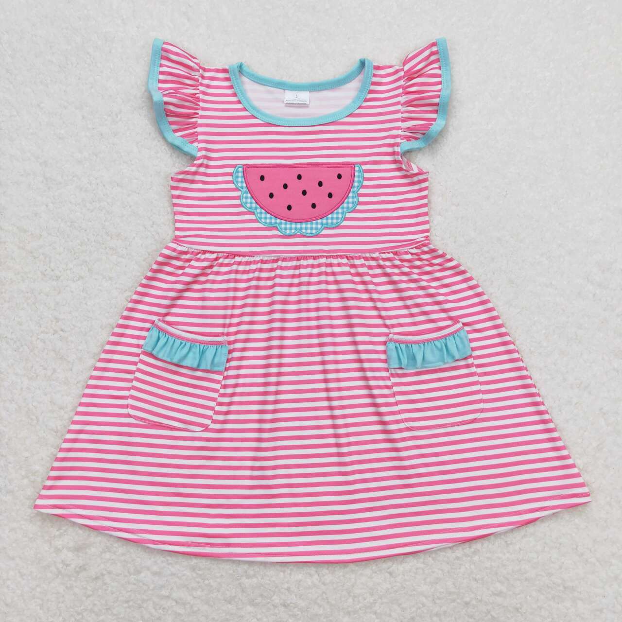 pink stripe watermelon embroidery pocket dress