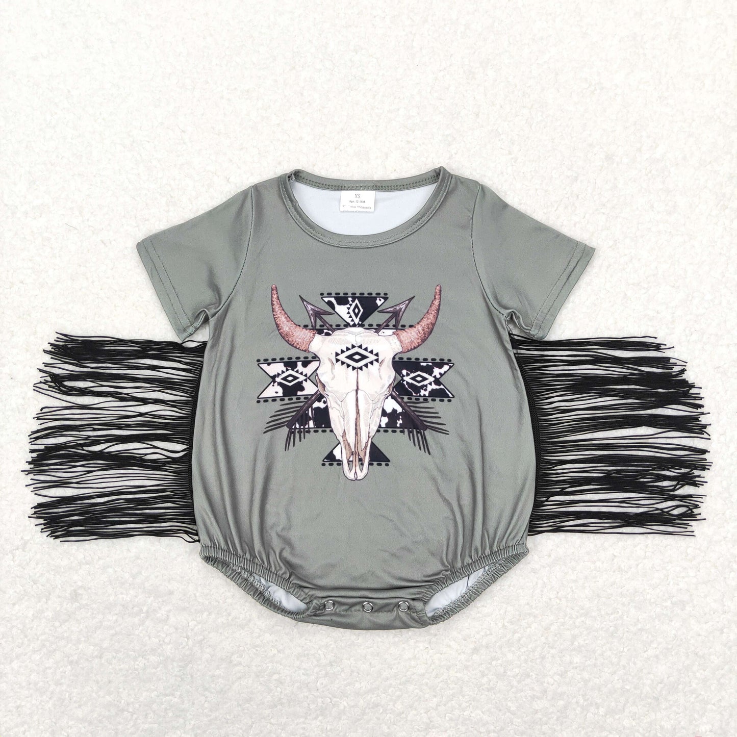 infant short sleeve cow print fringe bodysuit