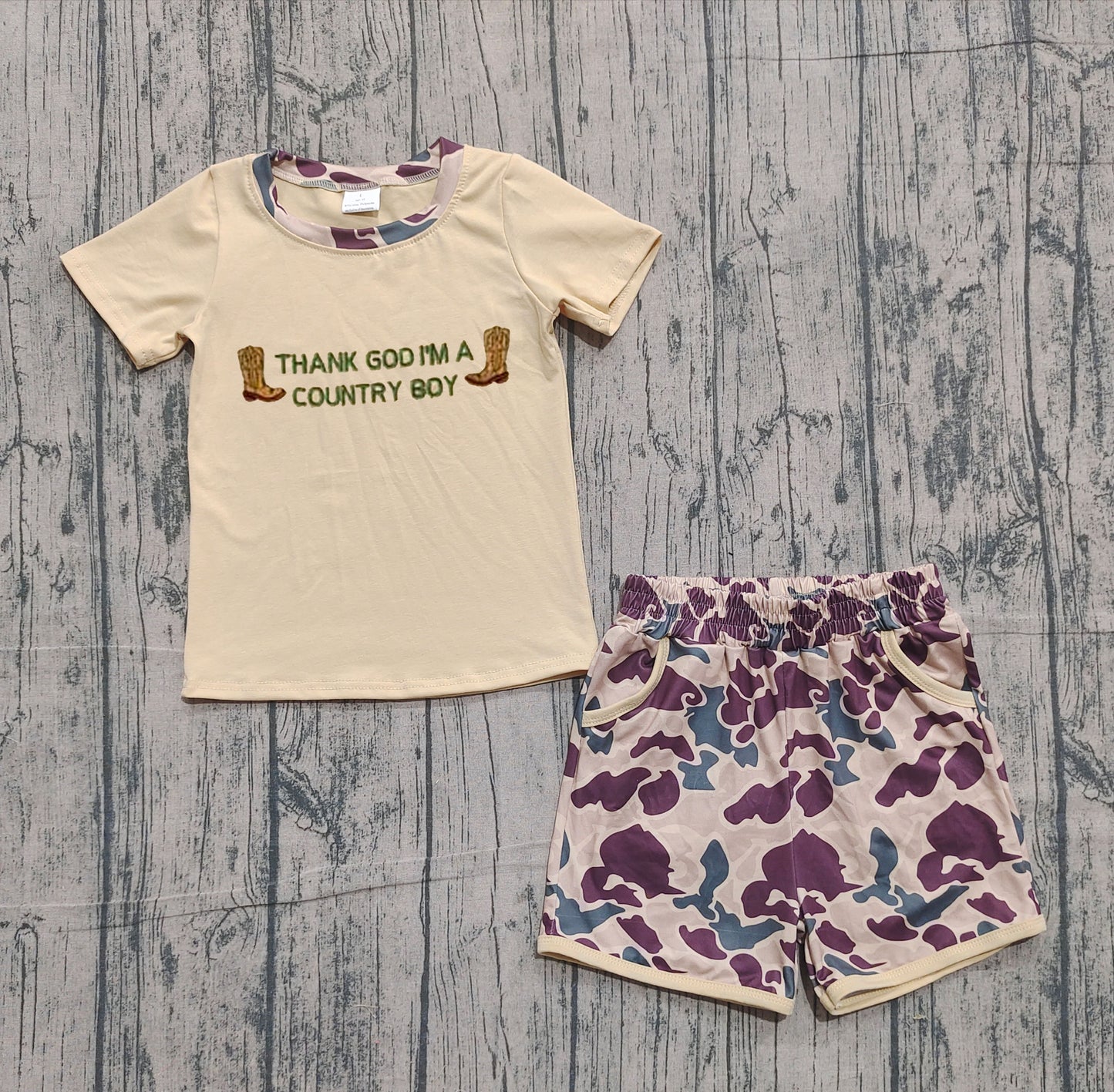 pre order thanks god i'm a country boy camo shorts set (do embroidery)