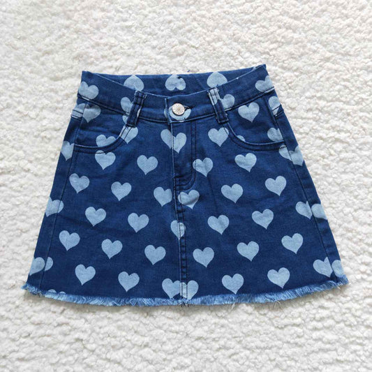 kids clothing dark blue heart print denim skirt