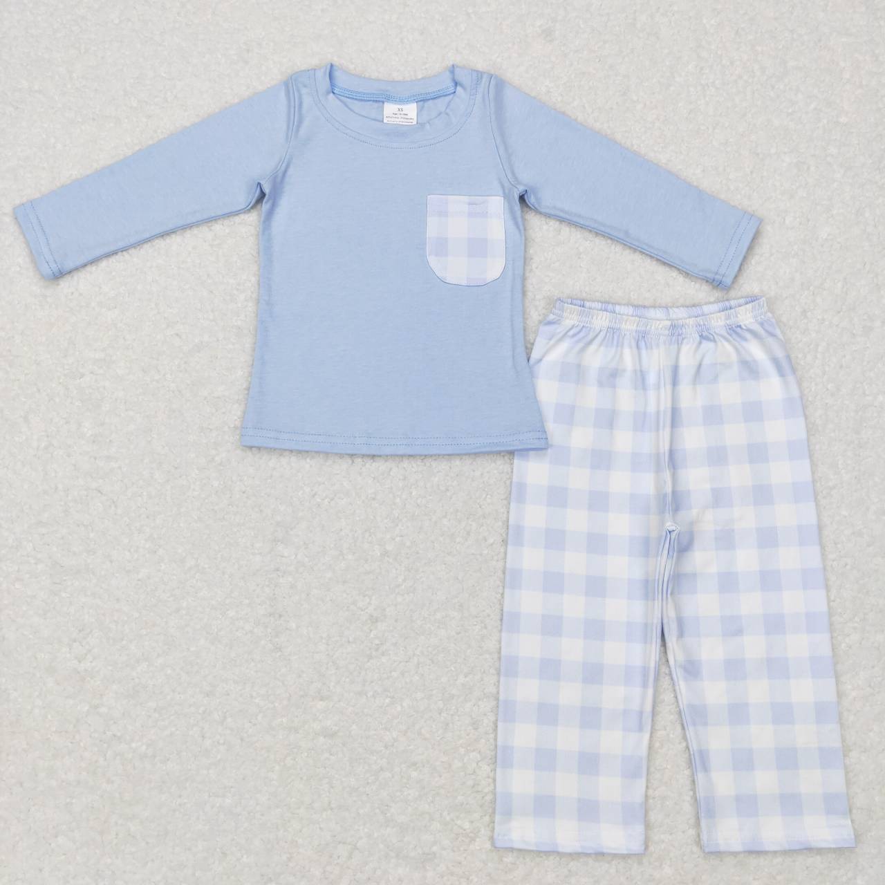 cotton pocket top blue plaid pants set boys outfit