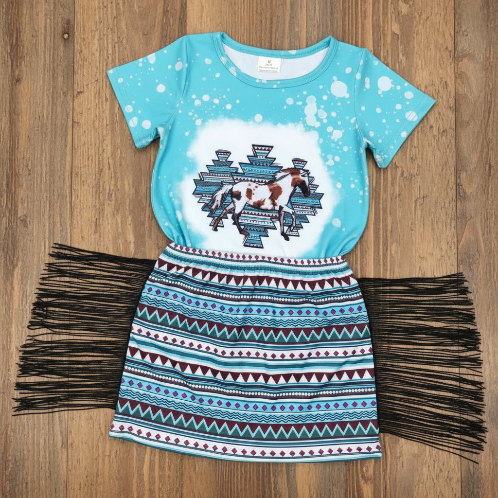 mint green horse&aztec fringe skirt 2pc set