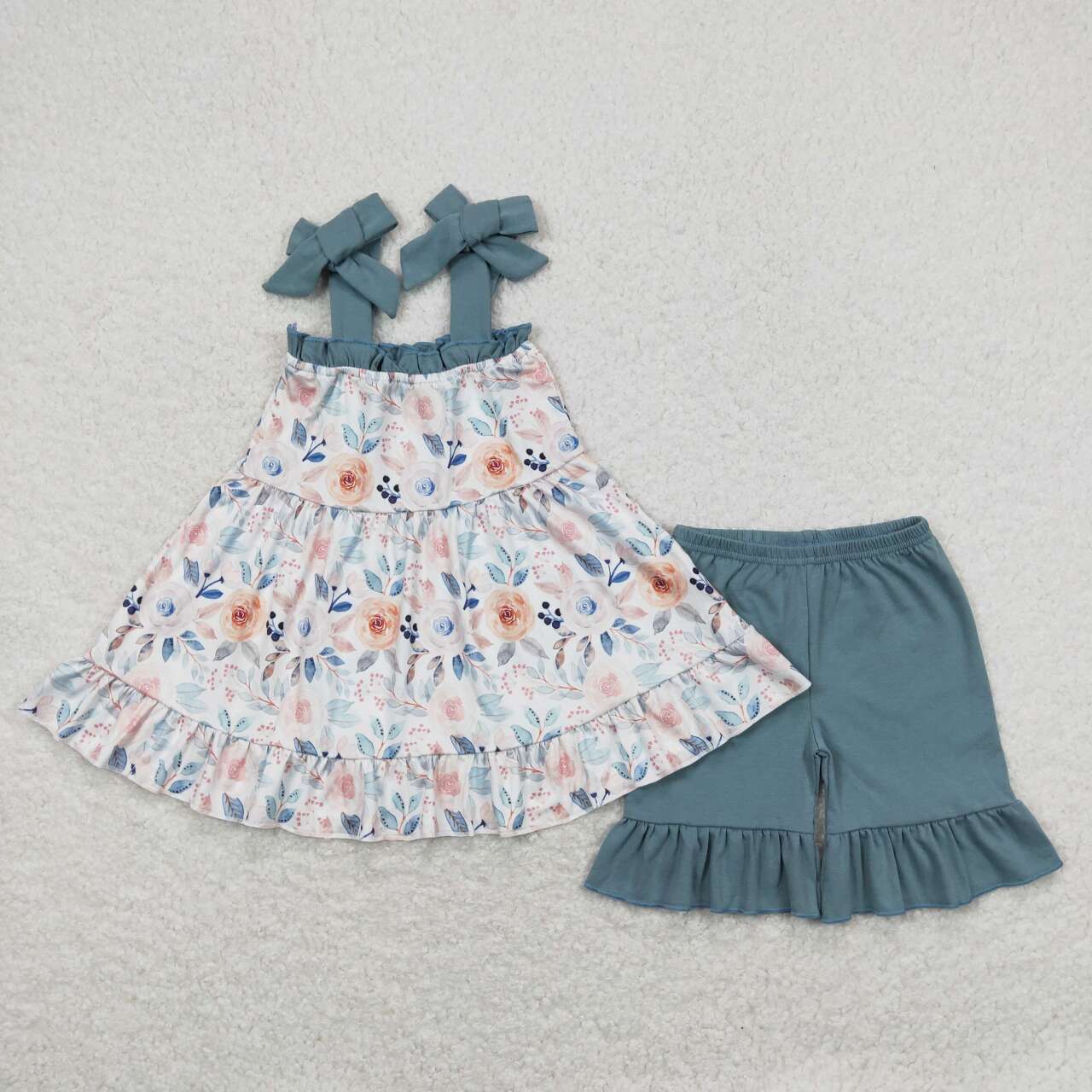 suspender floral tunic ruffle shorts set girls summer outfit