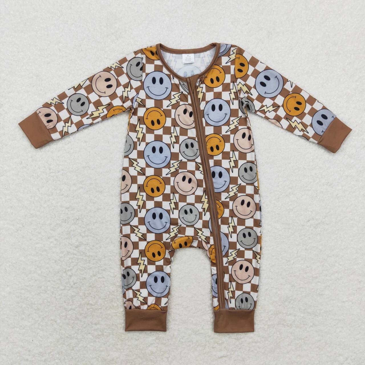 brown checkered smiley bamboo sleeper boy