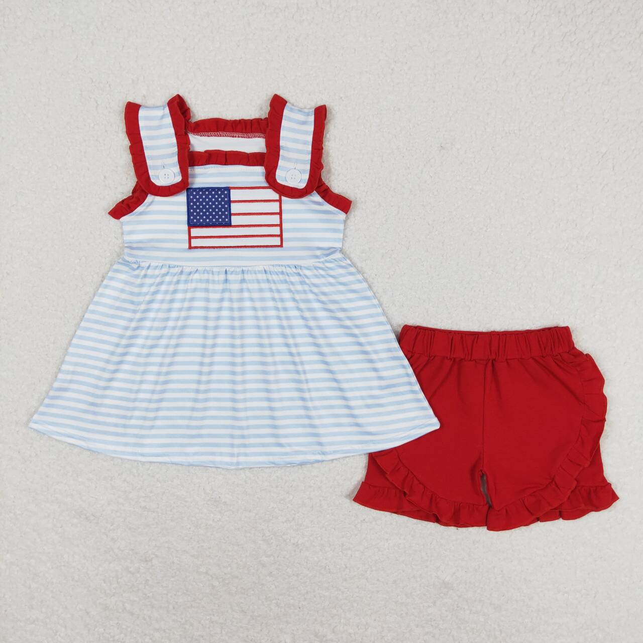 Red, White & Cute Girls Patriotic Ruffle Shorts Outfit