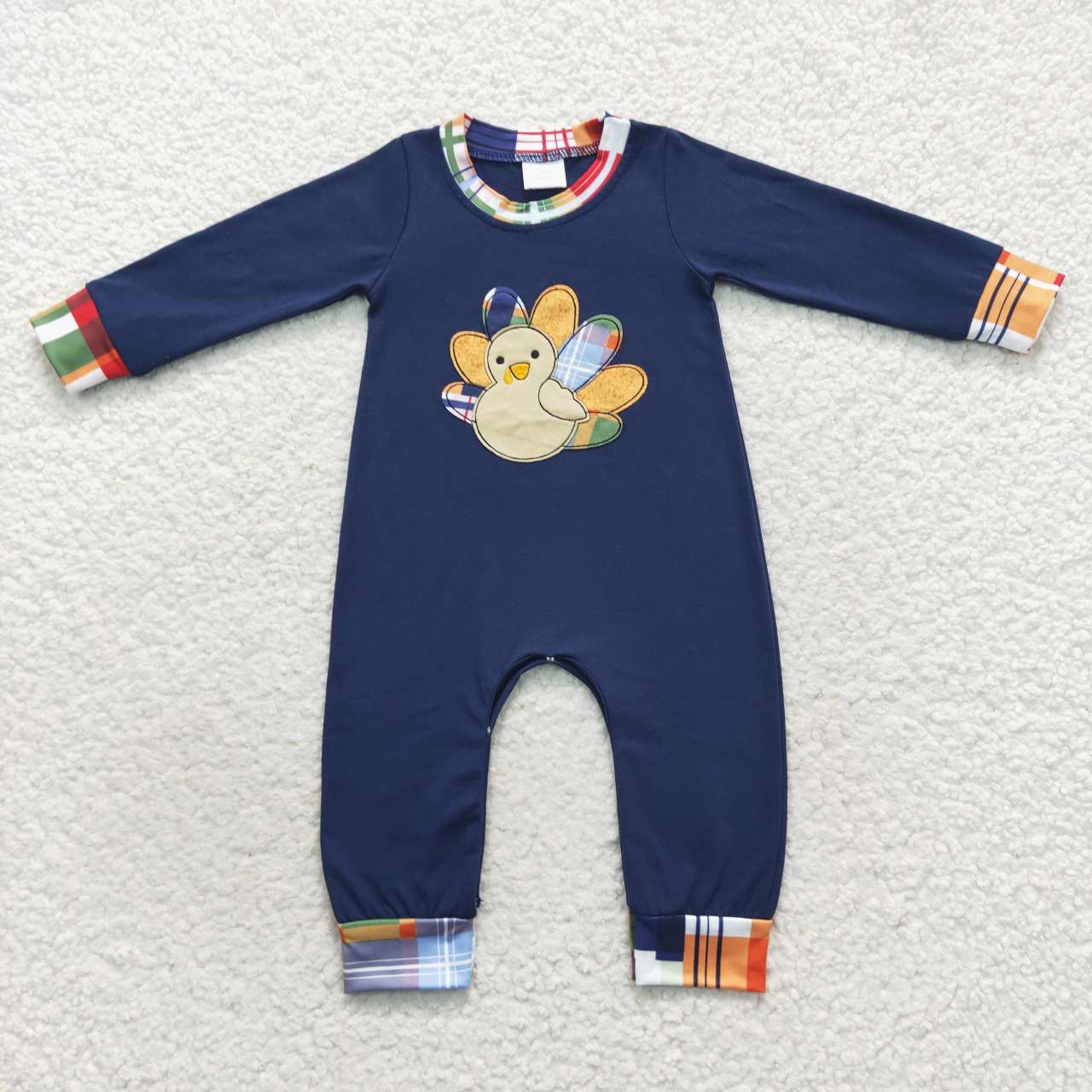 baby boy navy blue thanksgiving day turkey embroidery romper