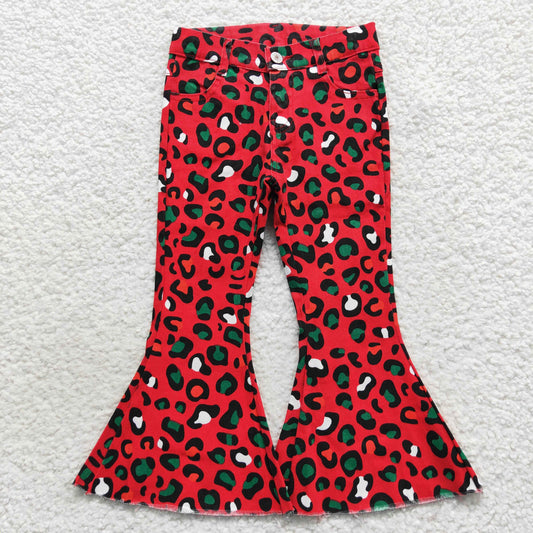 Red leopard denim pants girls flare jeans