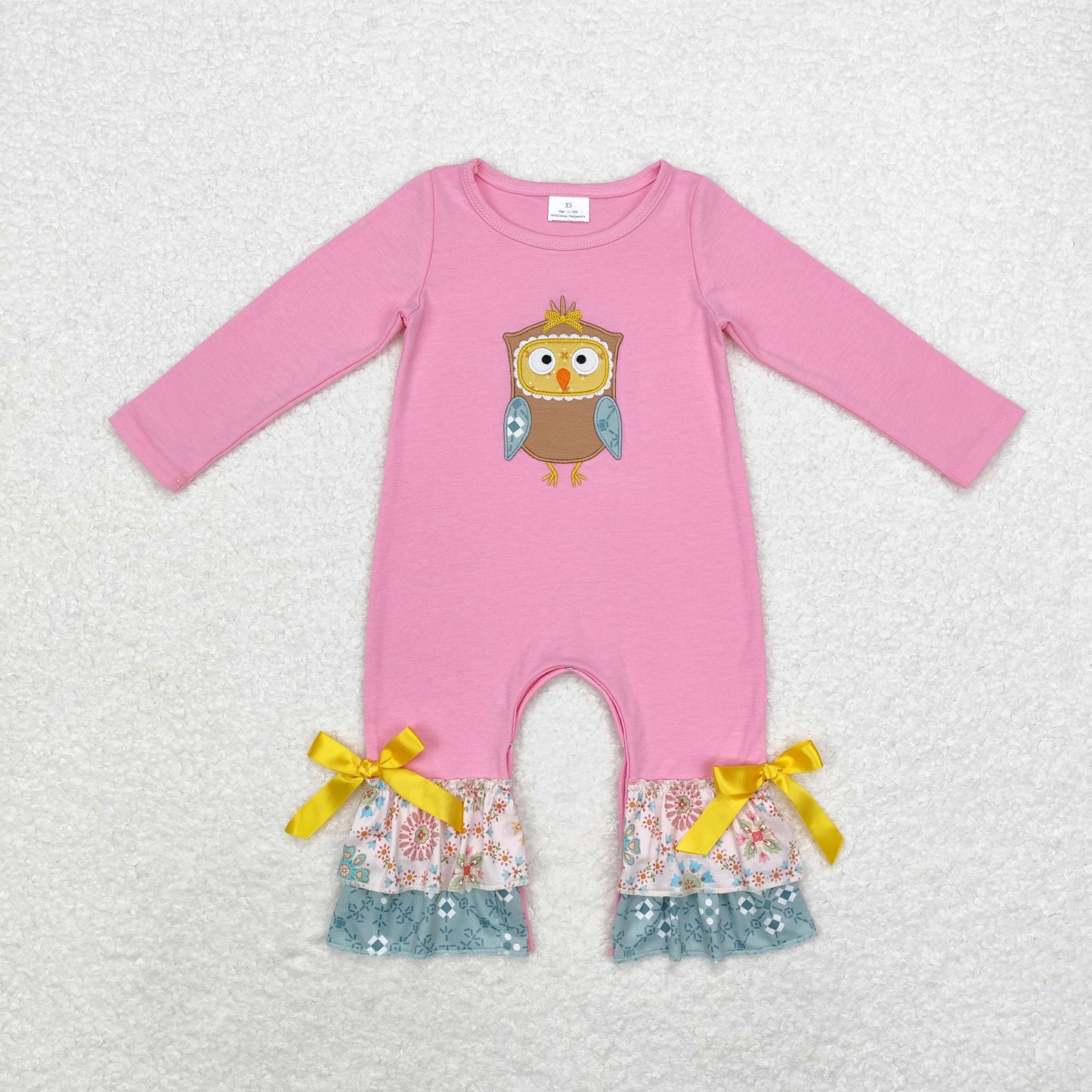 pink owl embroidered ruffle romper