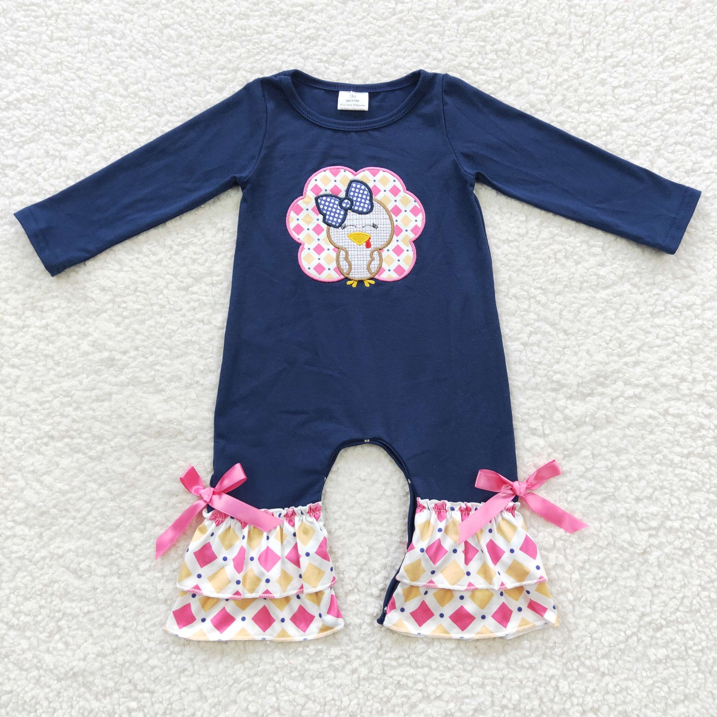 baby girl navy blue thanksgiving day turkey embroidery romper