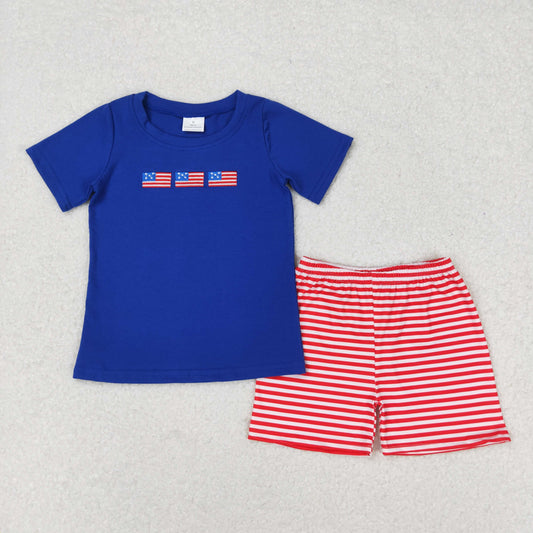 red royal blue USA flag embroidery 4th of july boy shorts set
