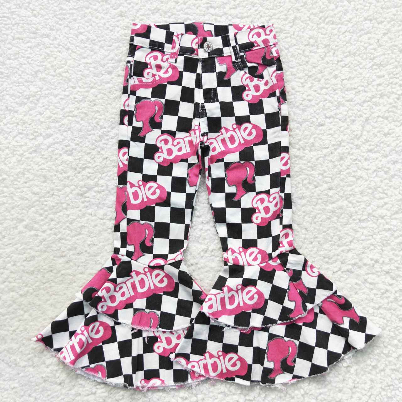 checkered doll ruffle flare jeans girl denim pants