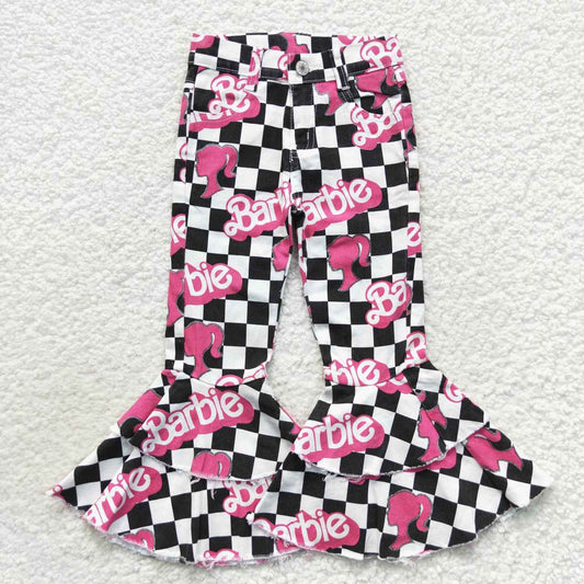 checkered doll ruffle flare jeans girl denim pants