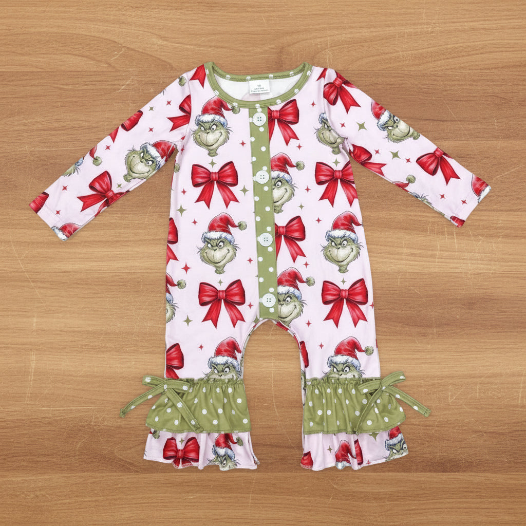 red coquette grinchey ruffle bubble for Christmas