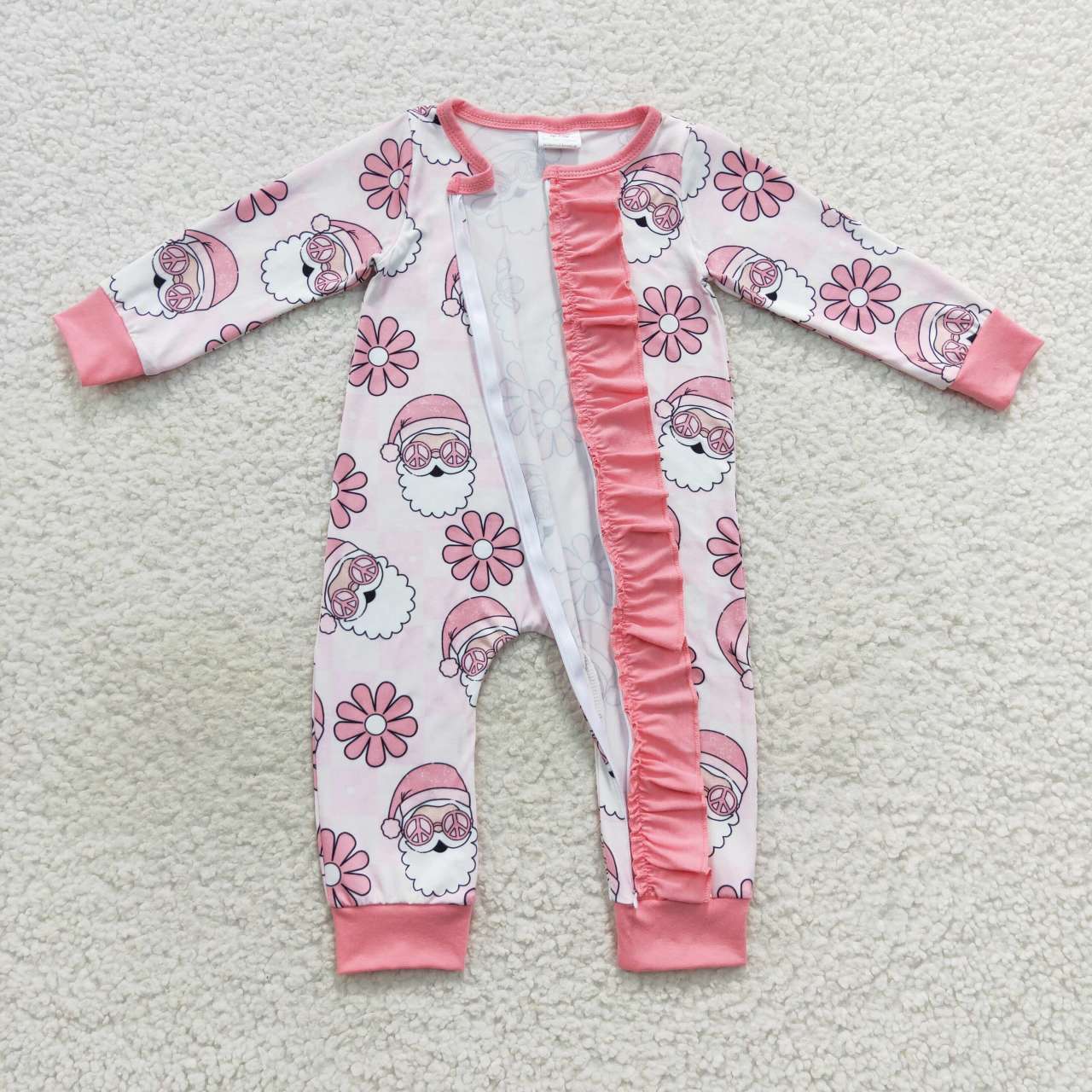 cute pink santa print ruffle zipper sleeper