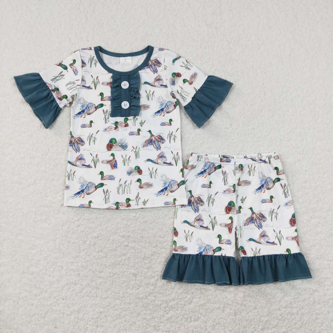 duck print ruffle girls shorts pajama set