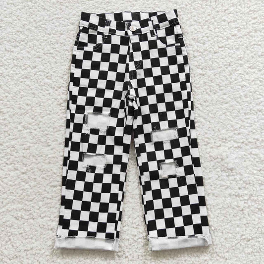 western kids black white checked jean trousers with hole