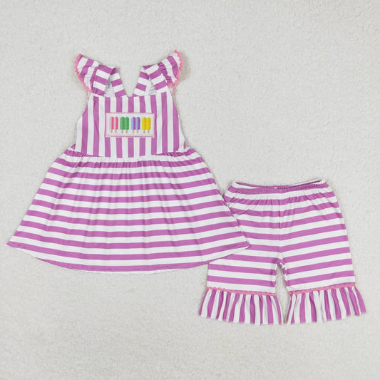 summer purple stripes popsicle embroidery shorts set girls clothing