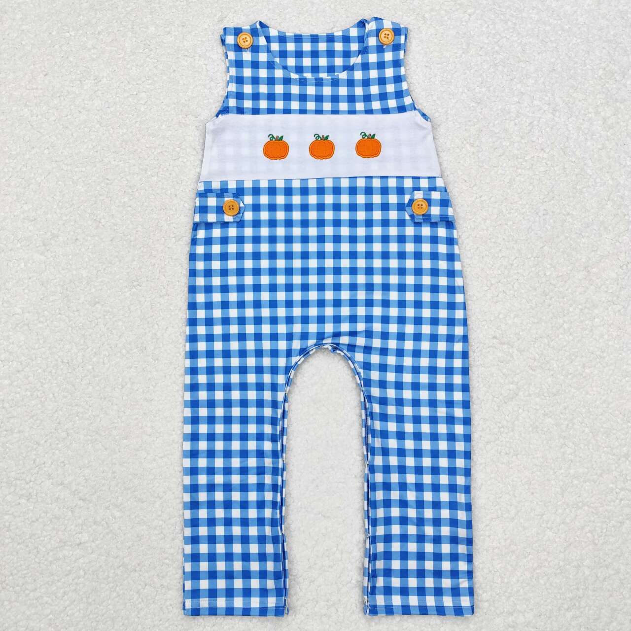 blue plaid pumpkin embroidered tank romper boy