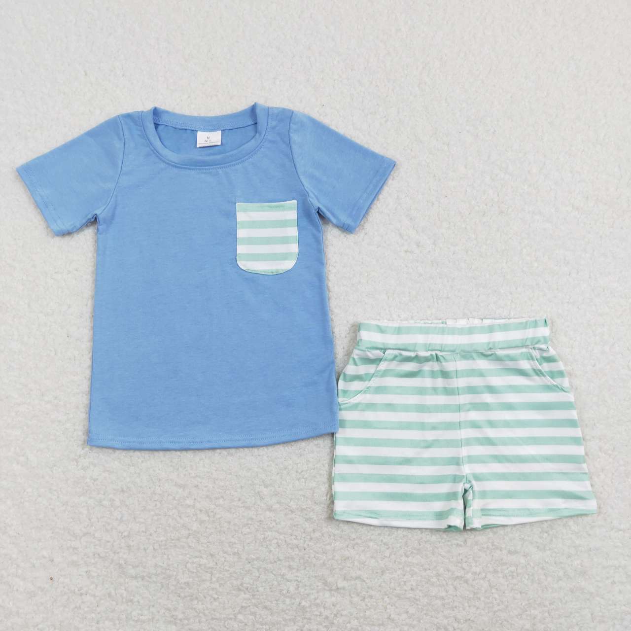 blue pocket tee stripes shorts set