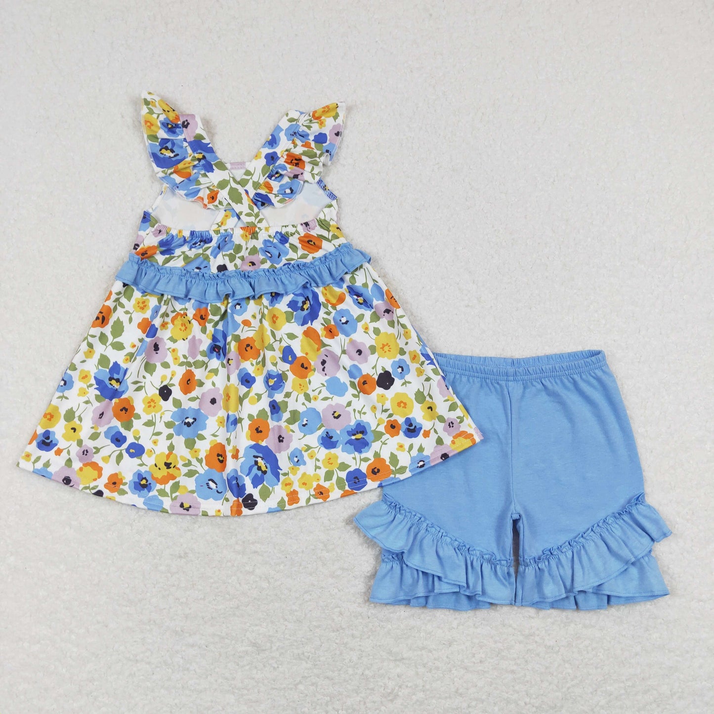 children girl blue floral backless shorts set