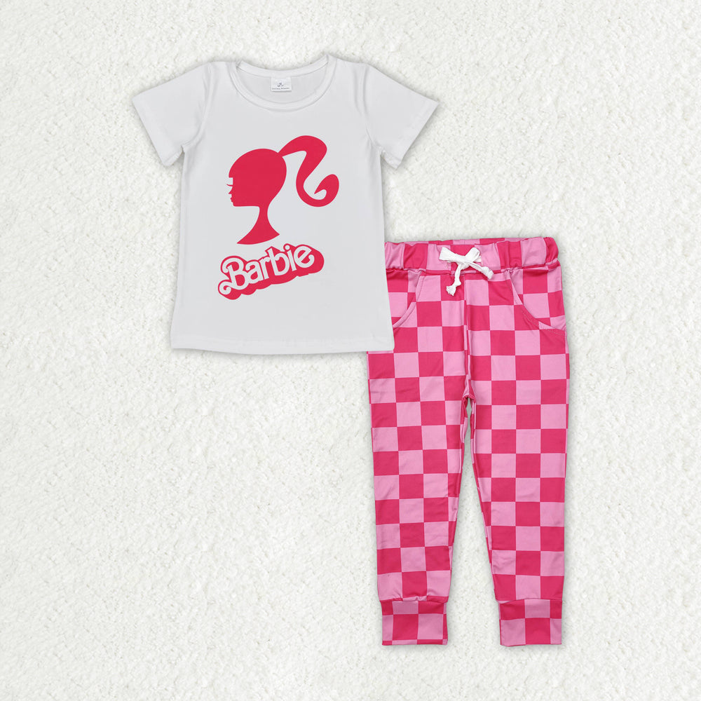 barb*e tee pink checkered jogger set