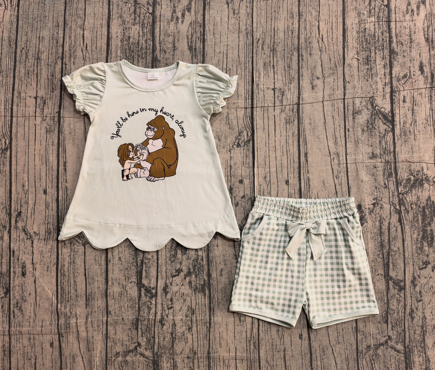 pre order Baby Girls Short Sleeves Monkey Tops Plaid Bows Pockets Shorts Set