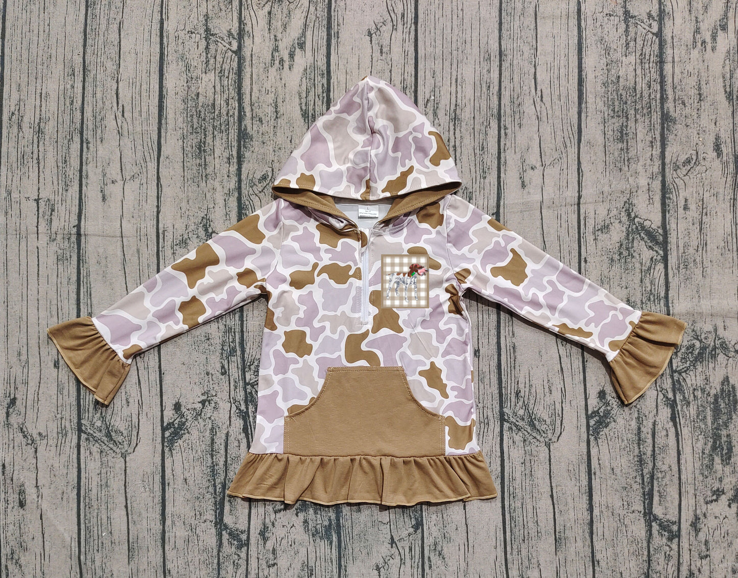 Pre order girl long sleeve ruffle camo hoodie (do embroidery)