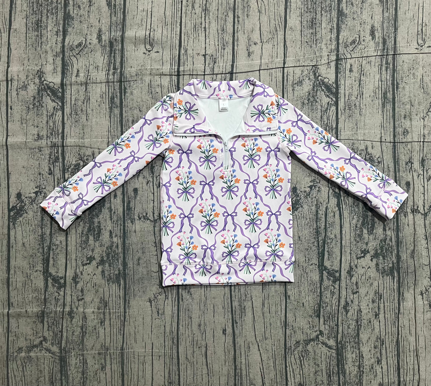 pre order purple bow flower print athletic zip pullover