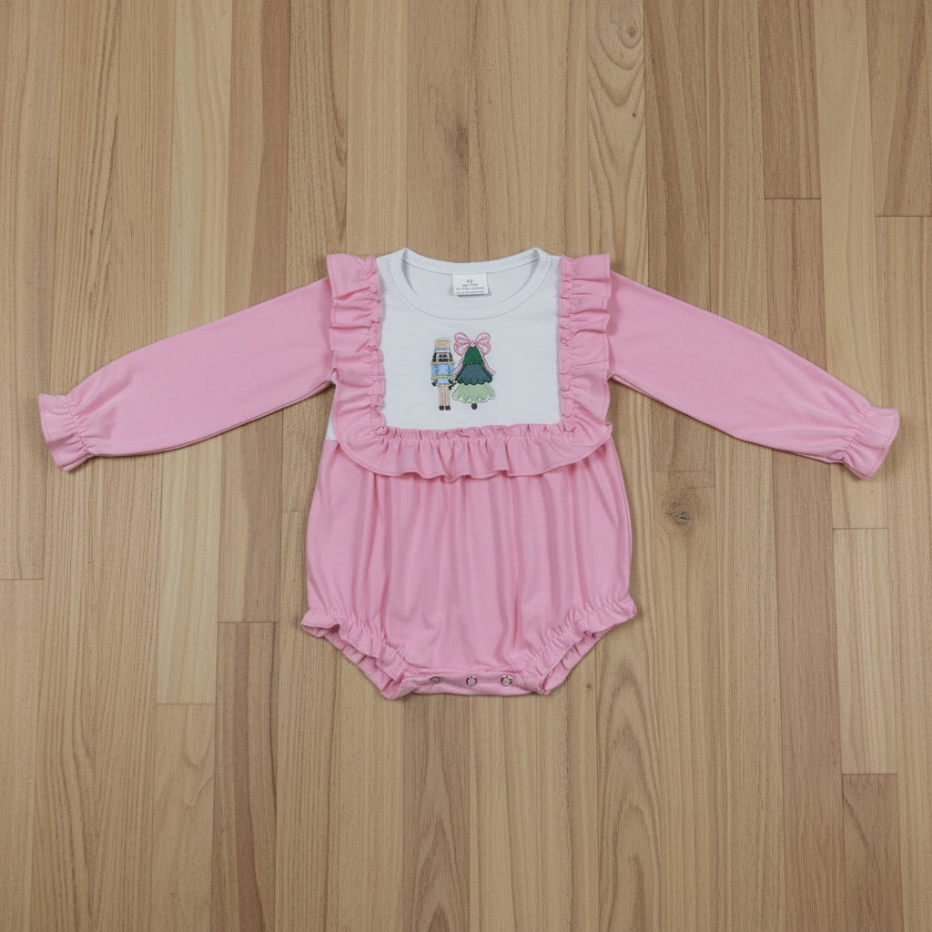 cotton solid pink christmas embroidery romper
