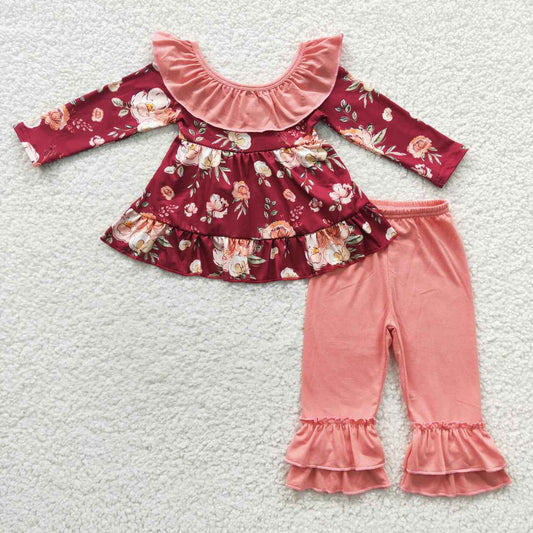 Maroon floral girls fall ruffle outfit