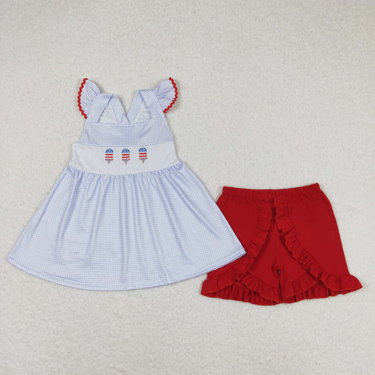 blue red patriotic popsicle embroidery girls shorts set