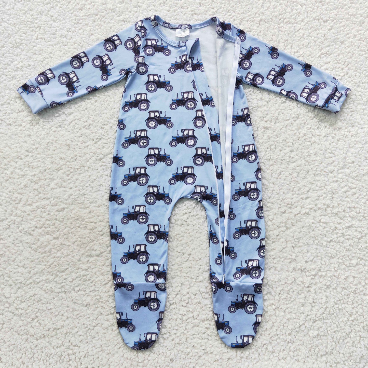 Blue tractor baby boy footie sleeper zipper PJs