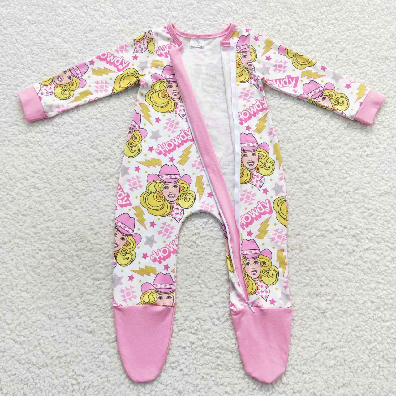 Pink long sleeve howdy barbie footie zip sleeper