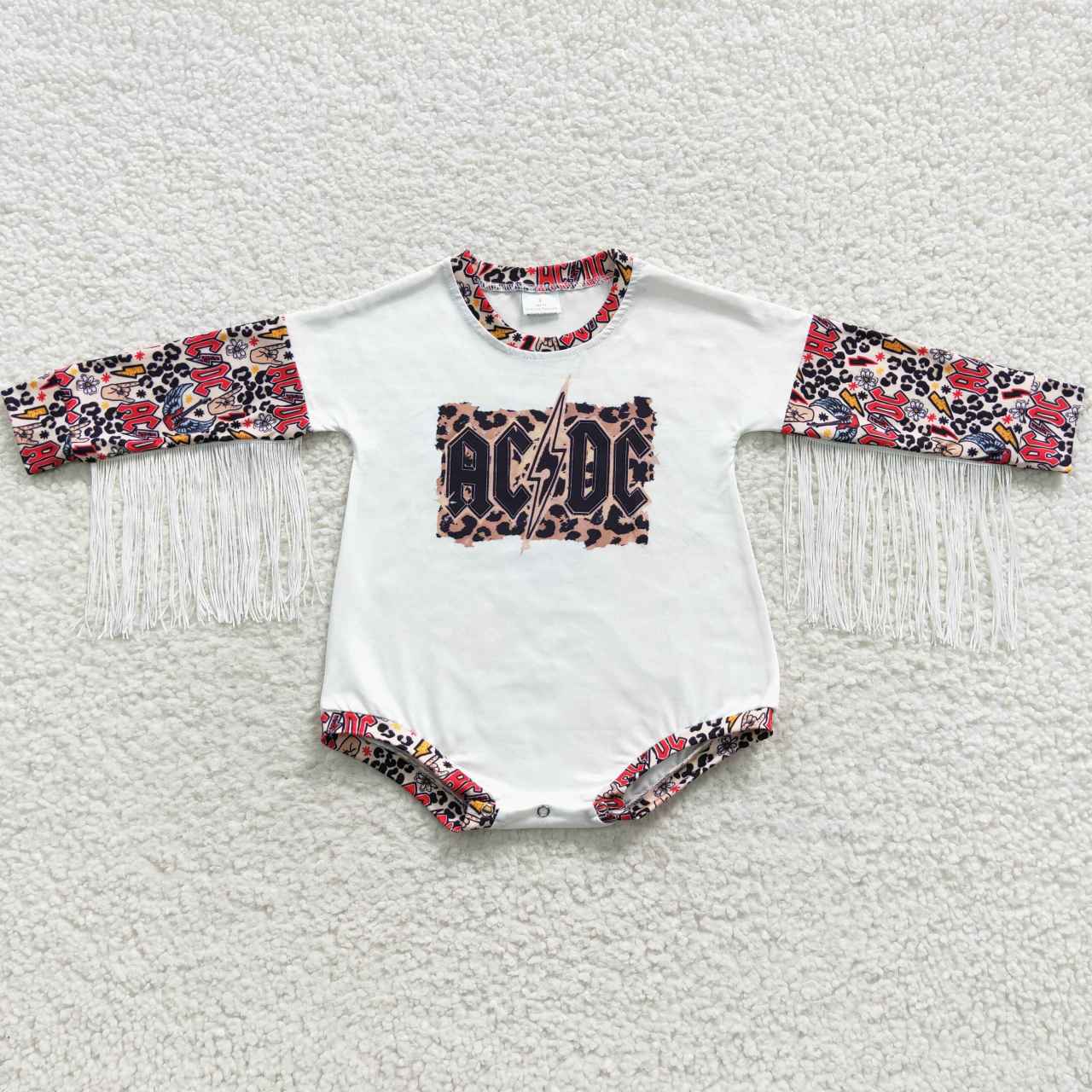 AC/DC long sleeve fringe romper infant bodysuit