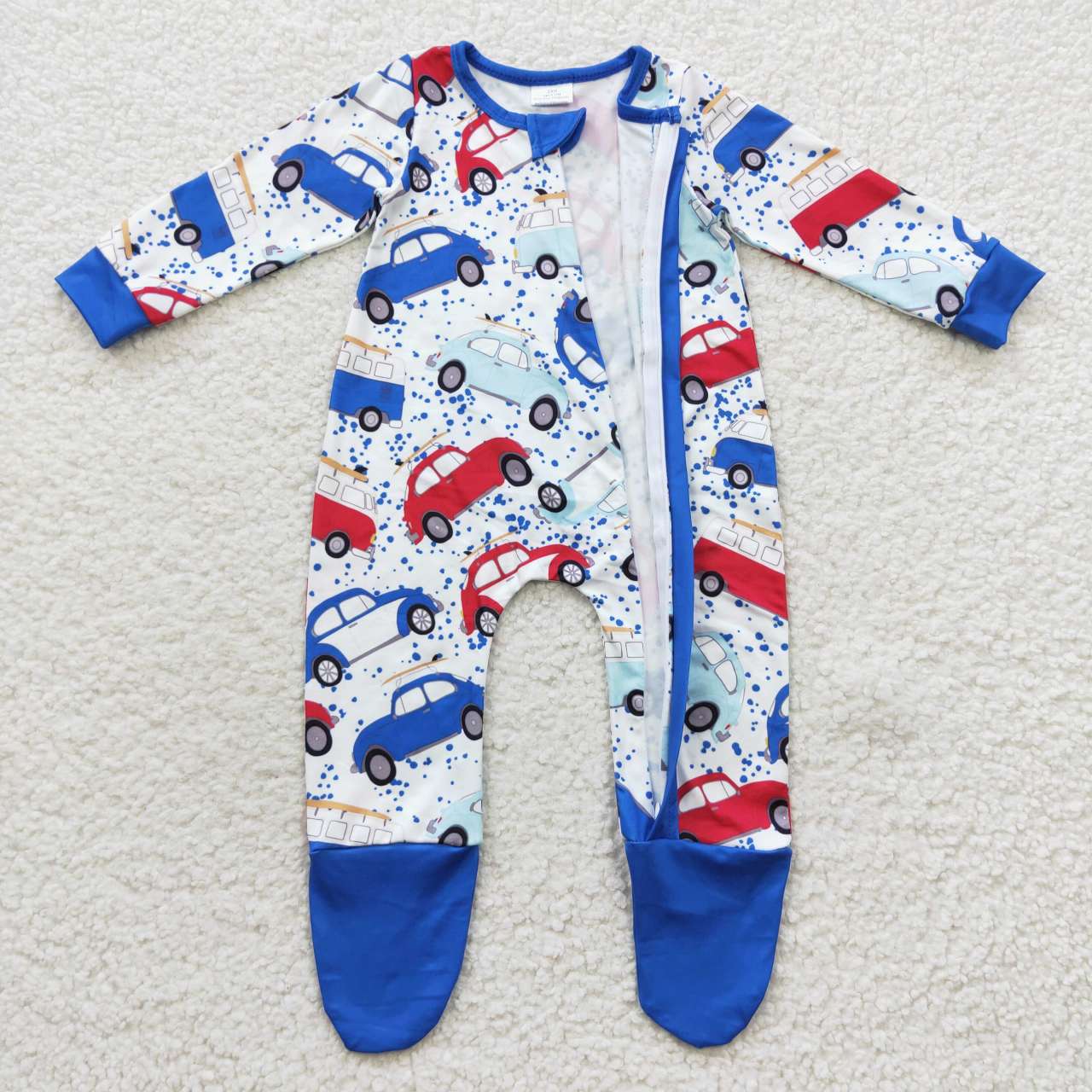 blue car print baby footed sleeper