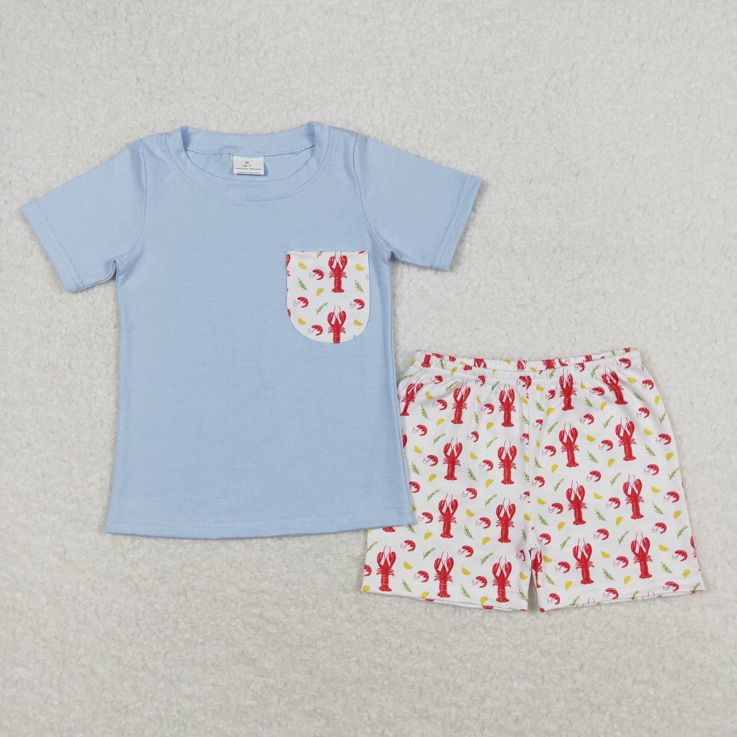 blue pocket outfit boy crawfish shorts set