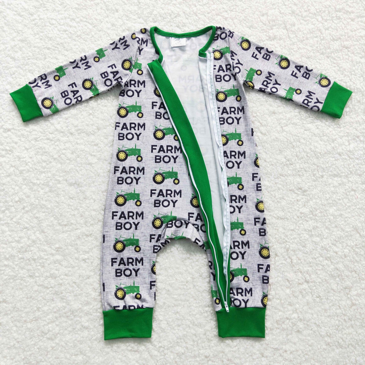 farm boy print baby boy zip sleeper
