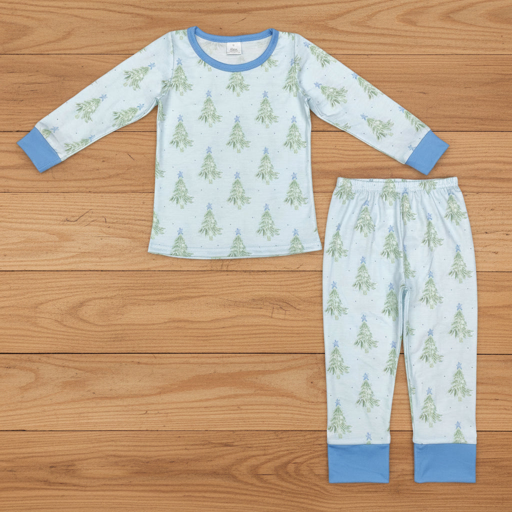 boys Christmas tree print bamboo pajama set blue