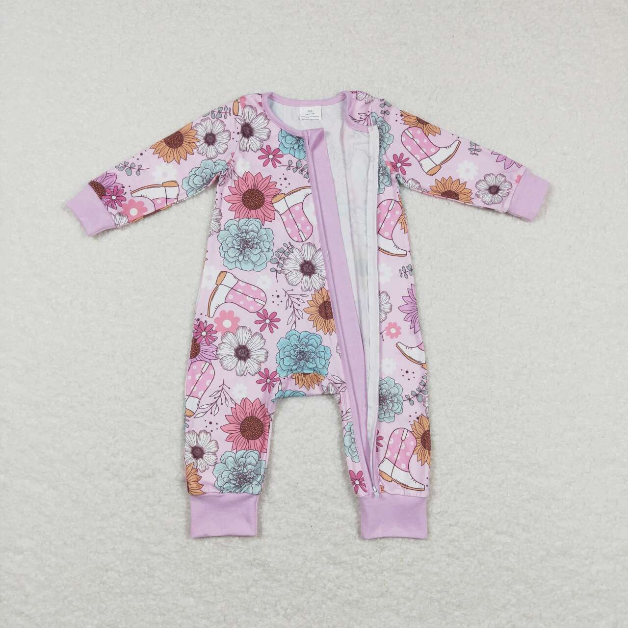 baby girl pink boots flower sleeper zipper PJs