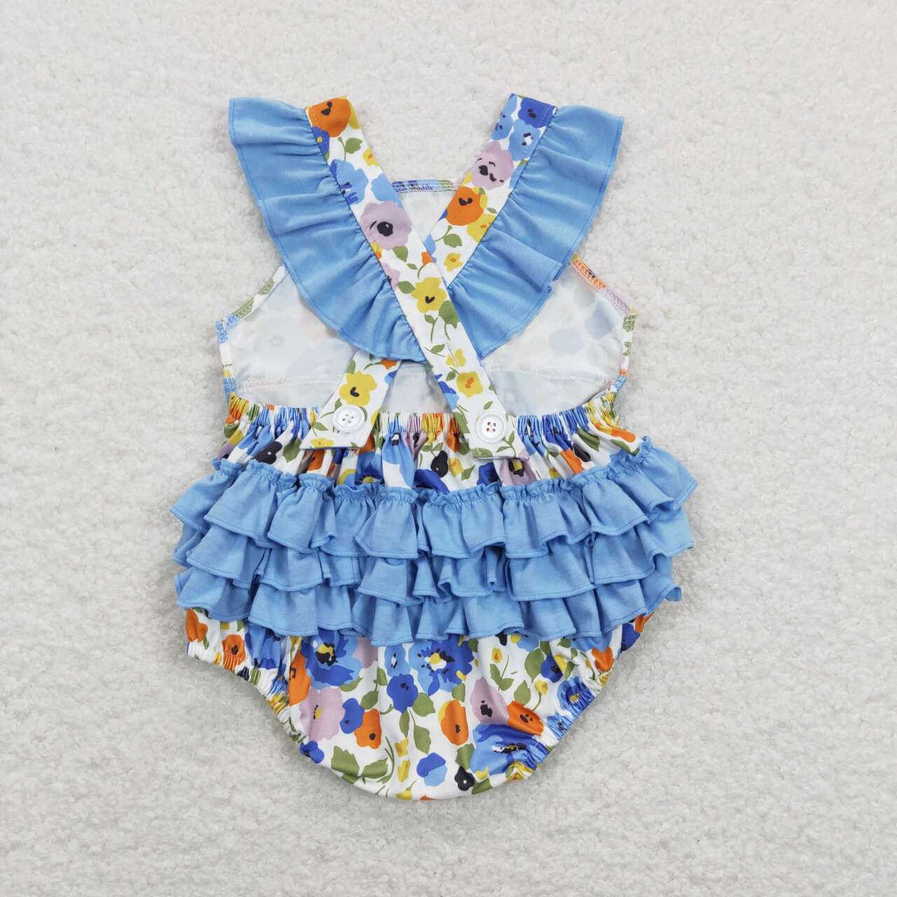 blue floral ruffle cross back bubble